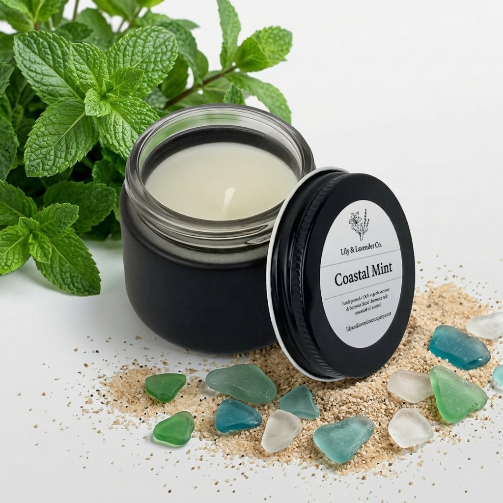 Lily & Lavender Co. Coastal Mint, Essential Oil Scented, Non-Toxic Coconut & Beeswax Candle 2oz with a bushel of Mint, beach sand, and sea glass on a white background.