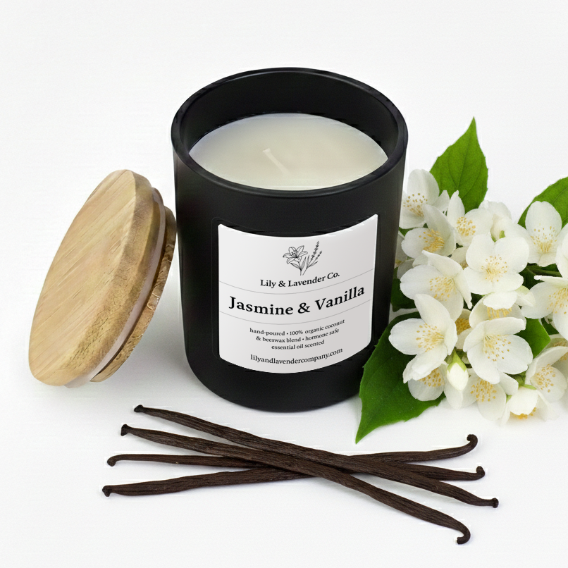 Lily & Lavender Co. Jasmine & Vanilla, Essential Oil Scented, Non-Toxic Coconut & Beeswax Candle with vanilla beans and Jasmine flowers.