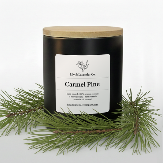 Non-Toxic, Coconut Wax & Beeswax Candle with 'Carmel Pine' scent from Lily & Lavender Co. 