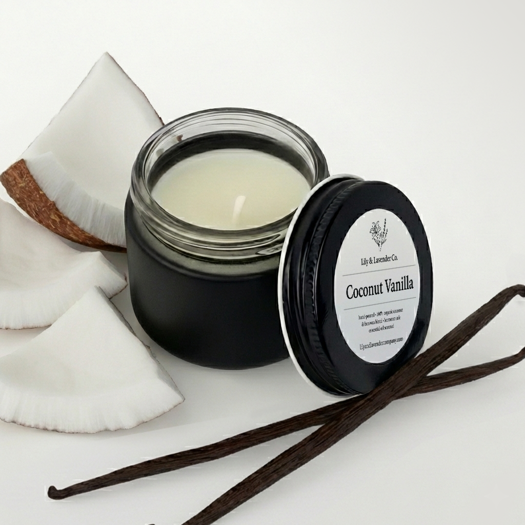 Lily & Lavender Co. Coconut & Vanilla, Essential Oil Scented, Non-Toxic Coconut & Beeswax Candle with pieces of coconut and vanilla beans on a white background.