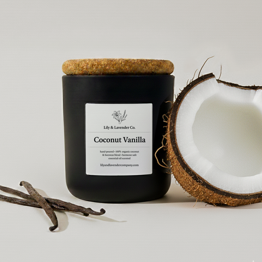 Lily & Lavender Co. Coconut & Vanilla, Essential Oil Scented, Non-Toxic Coconut & Beeswax Candle with half a coconut and vanilla beans on a white background.