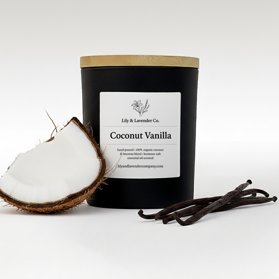Lily & Lavender Co. Coconut & Vanilla, Essential Oil Scented, Non-Toxic Coconut & Beeswax Candle with piece of coconut and vanilla beans on a white background.
