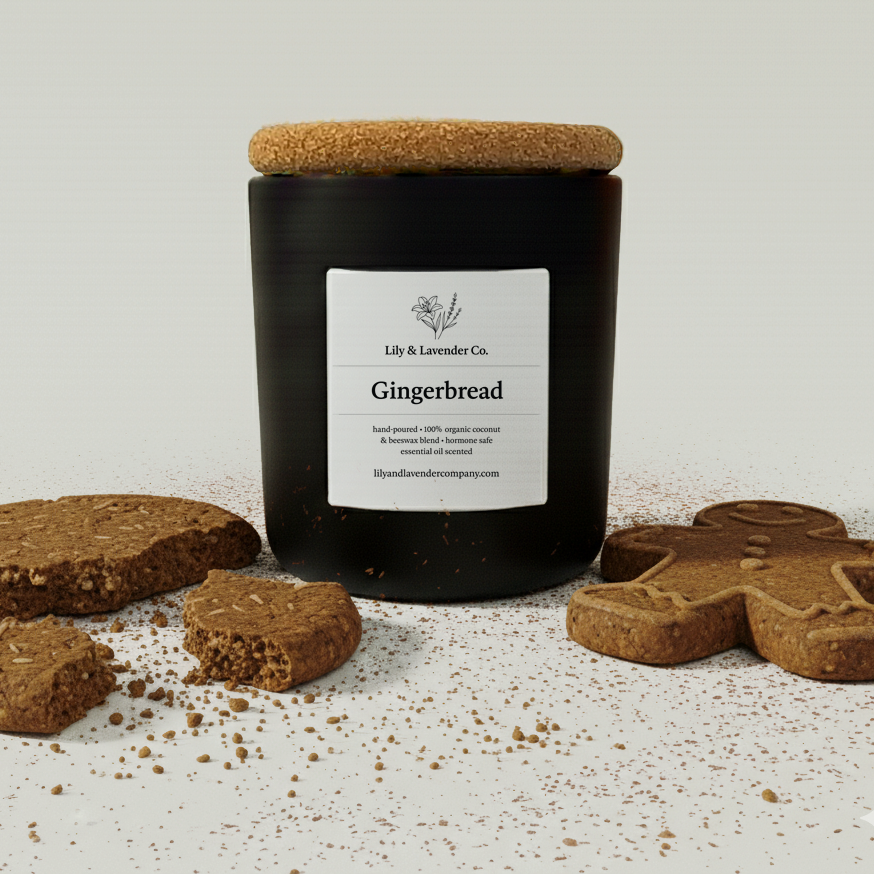 Lily & Lavender Co. Gingerbread, Essential Oil Scented, Non-Toxic Coconut & Beeswax Candle surrounded by gingerbread cookies and gingerbread cookie crumbs.