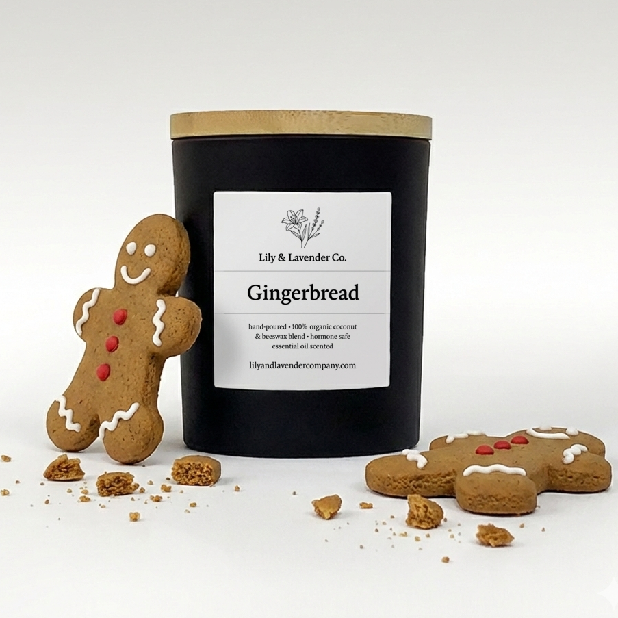 Lily & Lavender Co. Gingerbread, Essential Oil Scented, Non-Toxic Coconut & Beeswax Candle surrounded by gingerbread cookies and gingerbread cookie crumbs.
