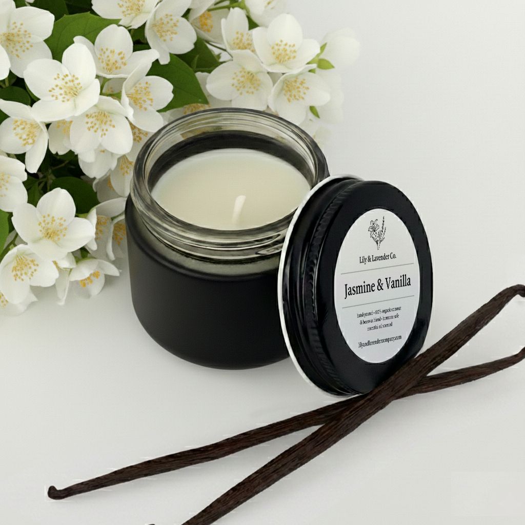 Lily & Lavender Co. Jasmine & Vanilla, Essential Oil Scented, Non-Toxic Coconut & Beeswax Candle with vanilla beans and Jasmine flowers.