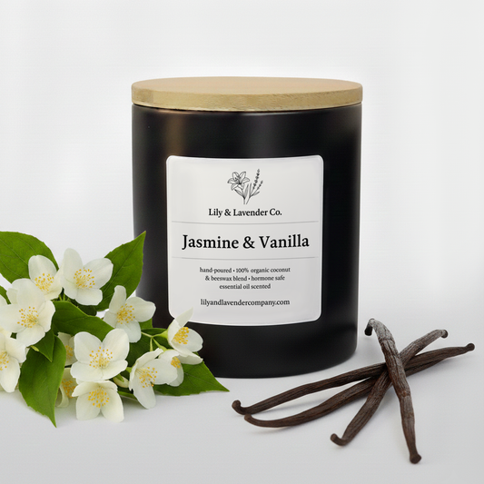 Lily & Lavender Co. Jasmine & Vanilla, Essential Oil Scented, Non-Toxic Coconut & Beeswax Candle with vanilla beans and Jasmine flowers.