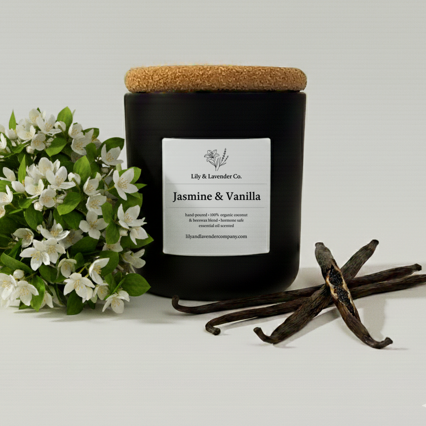 Lily & Lavender Co. Jasmine & Vanilla, Essential Oil Scented, Non-Toxic Coconut & Beeswax Candle with vanilla beans and Jasmine flowers.