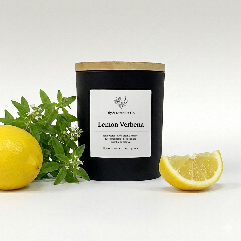Lily & Lavender Co. Lemon Verbena, Essential Oil Scented, Non-Toxic Coconut & Beeswax Candle with a piece of lemon, whole lemon and Lemon verbena bushel.