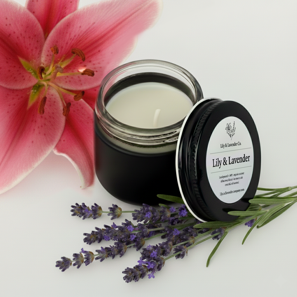 Lily & Lavender Co. Lily and Lavender, Essential Oil Scented, Non-Toxic Coconut & Beeswax Candle with one lily and a bushel of lavender.