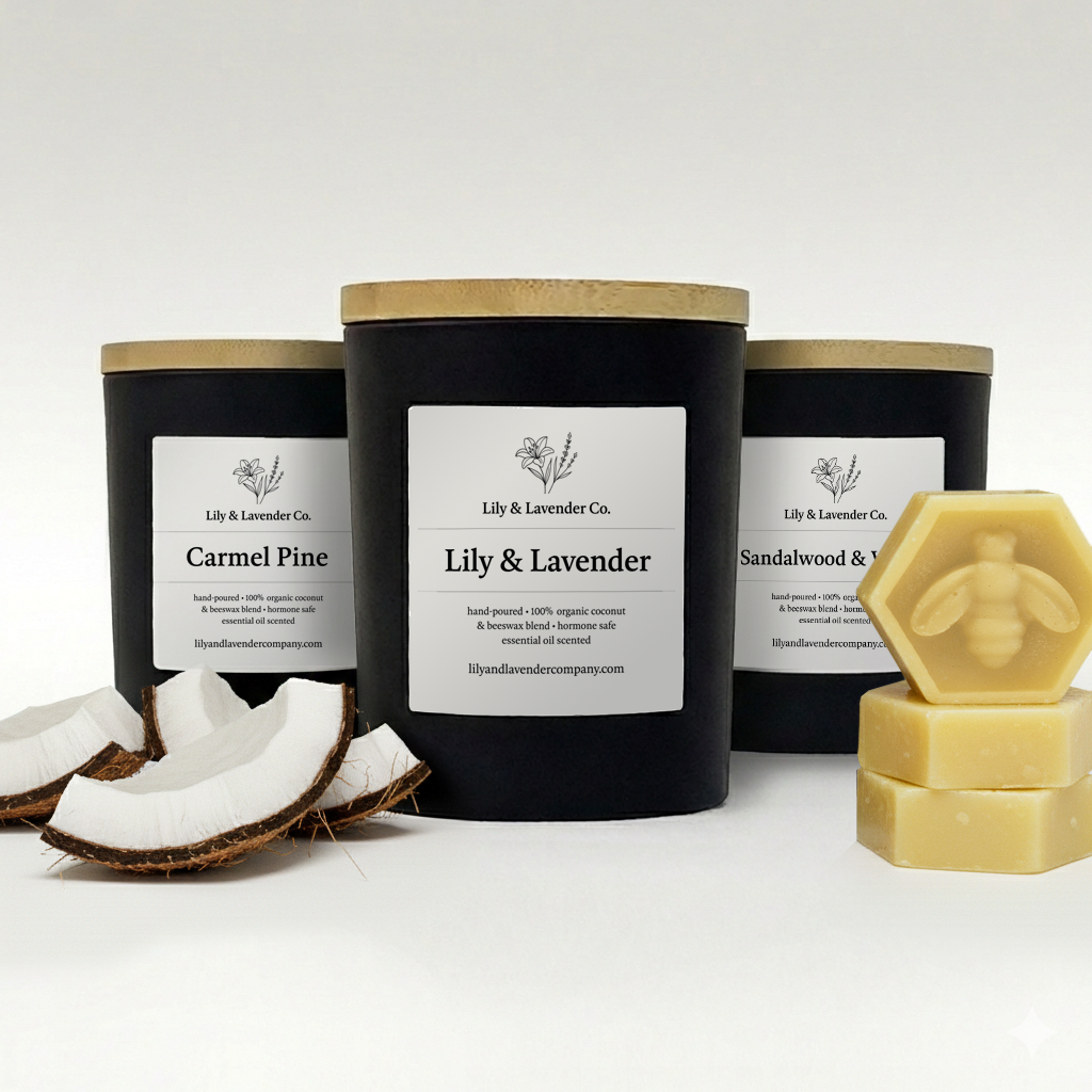 Three Lily & Lavender Co. Non-Toxic Coconut wax & Beeswax 6oz candles with a piece of coconut and pieces of beeswax.