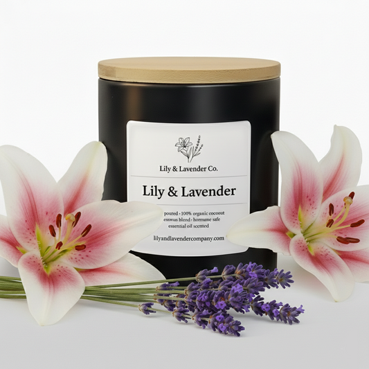 Lily & Lavender Co. Lily and Lavender, Essential Oil Scented, Non-Toxic Coconut & Beeswax Candle with two lilies and a bushel of lavender.