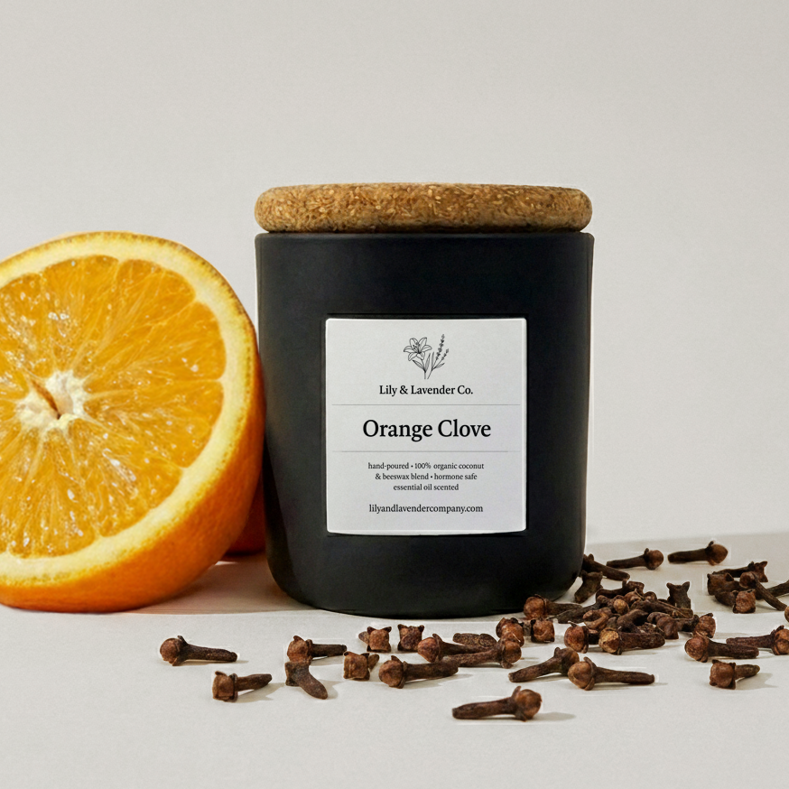 Lily & Lavender Co. Orange & Clove Essential Oil Scented, Non-Toxic Coconut & Beeswax Candle sitting with and orange and cloves.