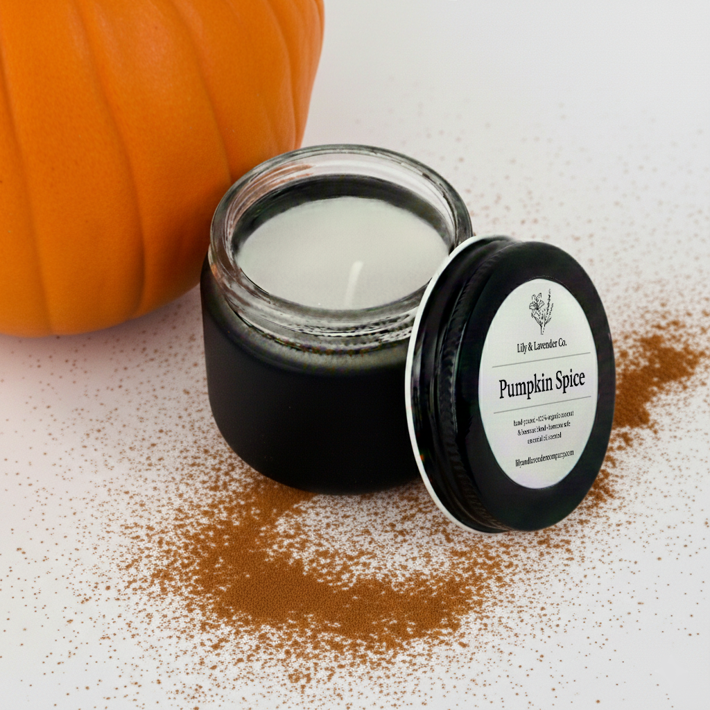 Lily & Lavender Co. Pumpkin Spice, Essential Oil Scented, Non-Toxic Coconut & Beeswax Candle with pumpkin and pumpkin spice.