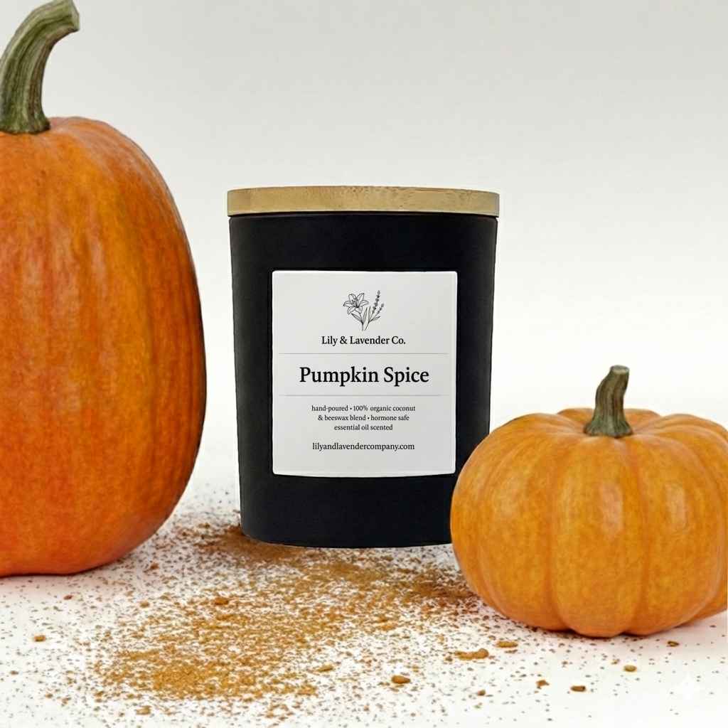 Lily & Lavender Co. Pumpkin Spice, Essential Oil Scented, Non-Toxic Coconut & Beeswax Candle surrounded by pumpkins and pumpkin spice.