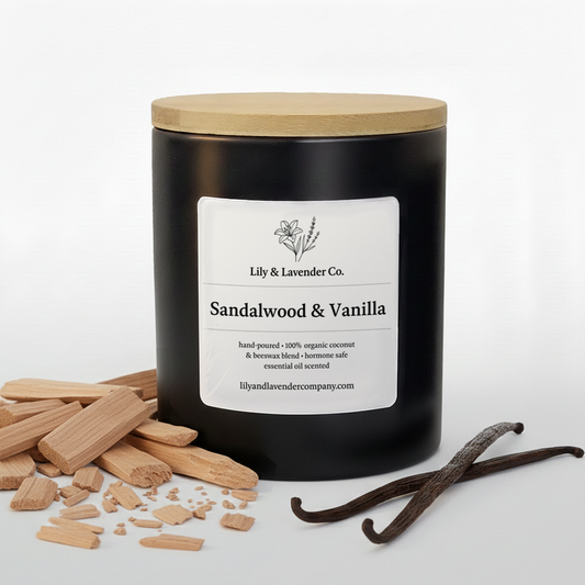 Lily & Lavender Co. Sandalwood & Vanilla, Essential Oil Scented, Non-Toxic Coconut & Beeswax Candle with vanilla beans and pieces of sandalwood.