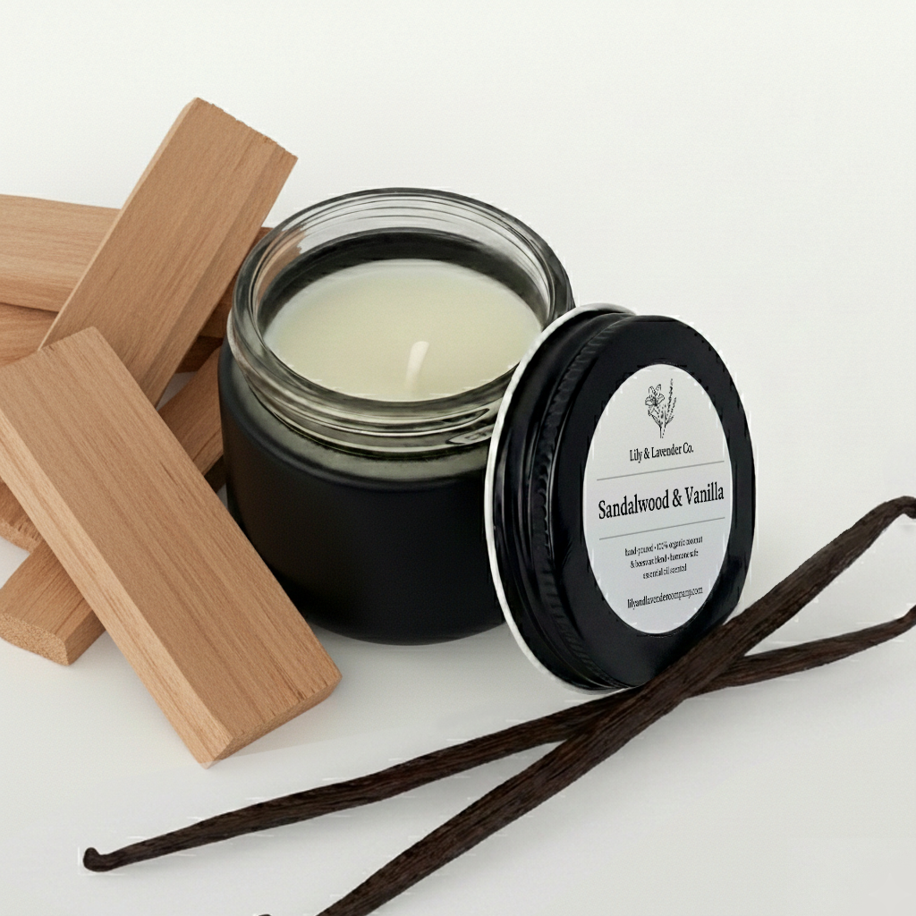 Lily & Lavender Co. Sandalwood & Vanilla, Essential Oil Scented, Non-Toxic Coconut & Beeswax Candle with vanilla beans and pieces of sandalwood.