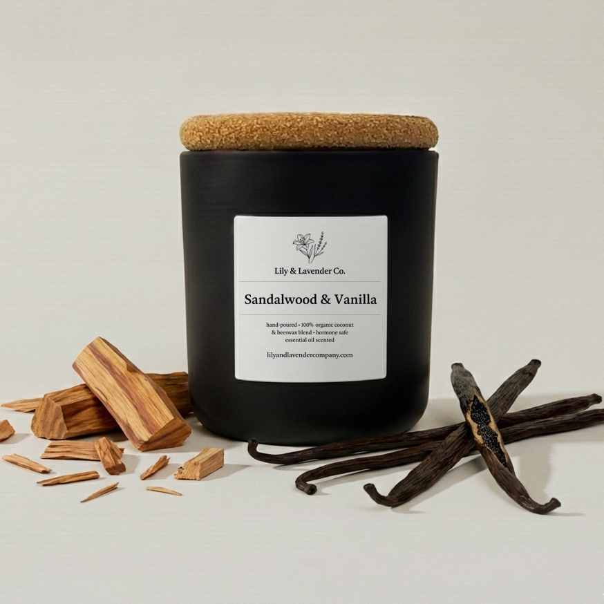 Lily & Lavender Co. Sandalwood & Vanilla, Essential Oil Scented, Non-Toxic Coconut & Beeswax Candle with vanilla beans and pieces of sandalwood.