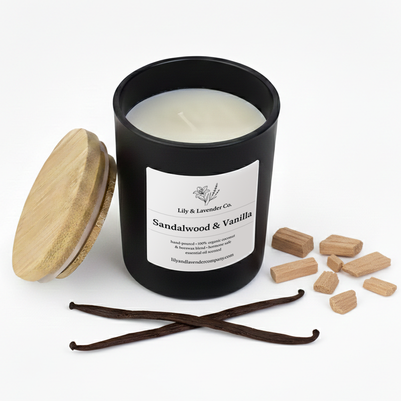 Lily & Lavender Co. Sandalwood & Vanilla, Essential Oil Scented, Non-Toxic Coconut & Beeswax Candle with vanilla beans and pieces of sandalwood.