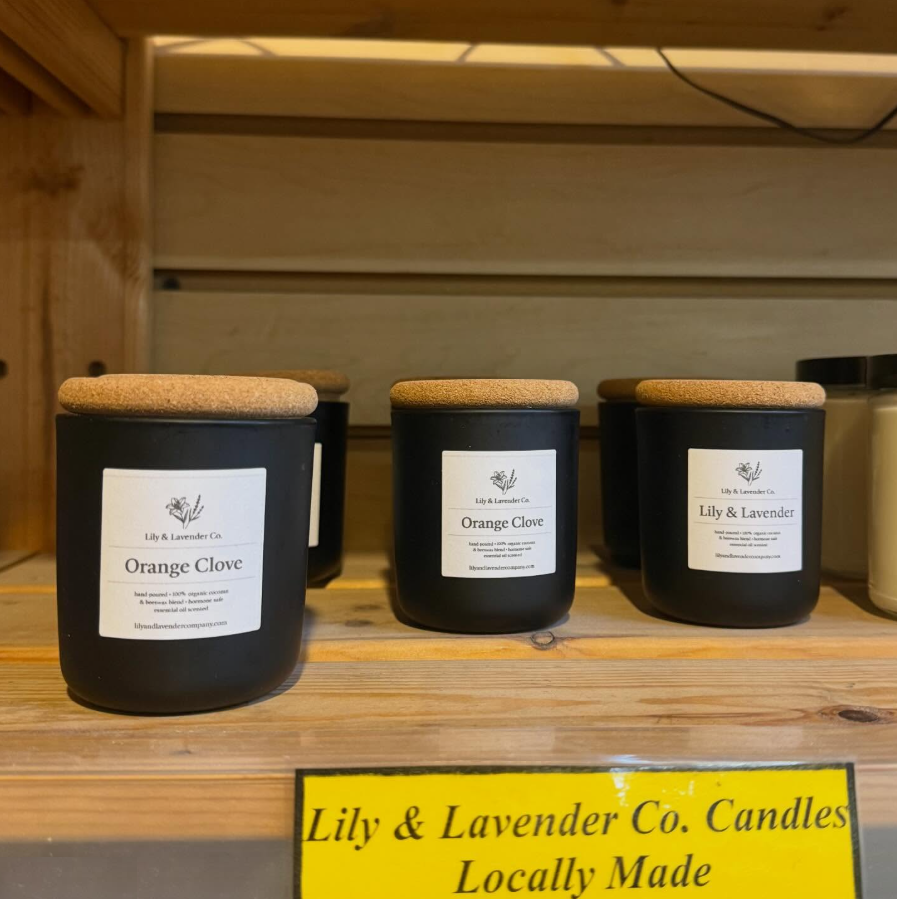 Store display of Lily and Lavender co non-toxic candles in Carmel, CA.