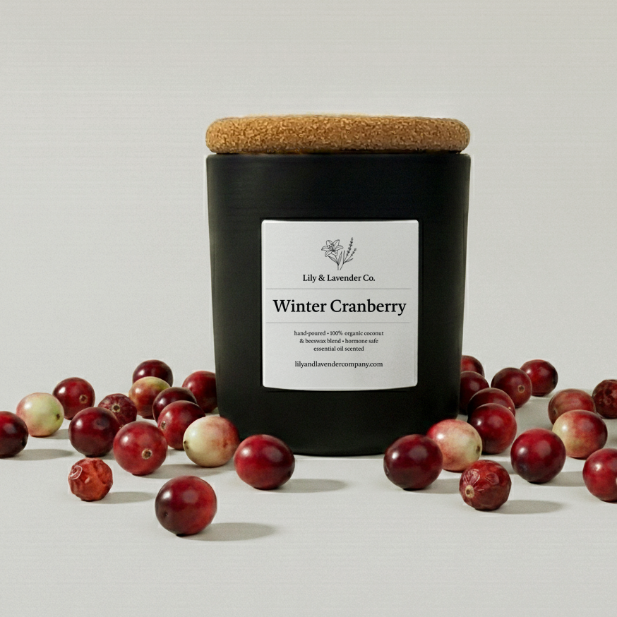 Lily & Lavender Co. Winter Cranberry, Essential Oil Scented, Non-Toxic Coconut & Beeswax Candle surrounded by cranberries.