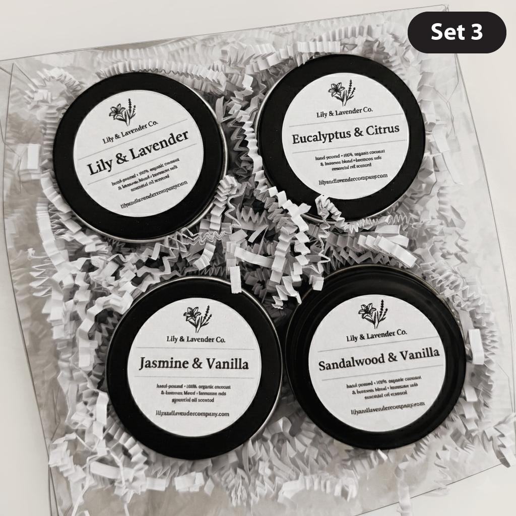 Set 3 - Four tins of Lily & Lavender Co. essential oils scented candles in a decorative box.