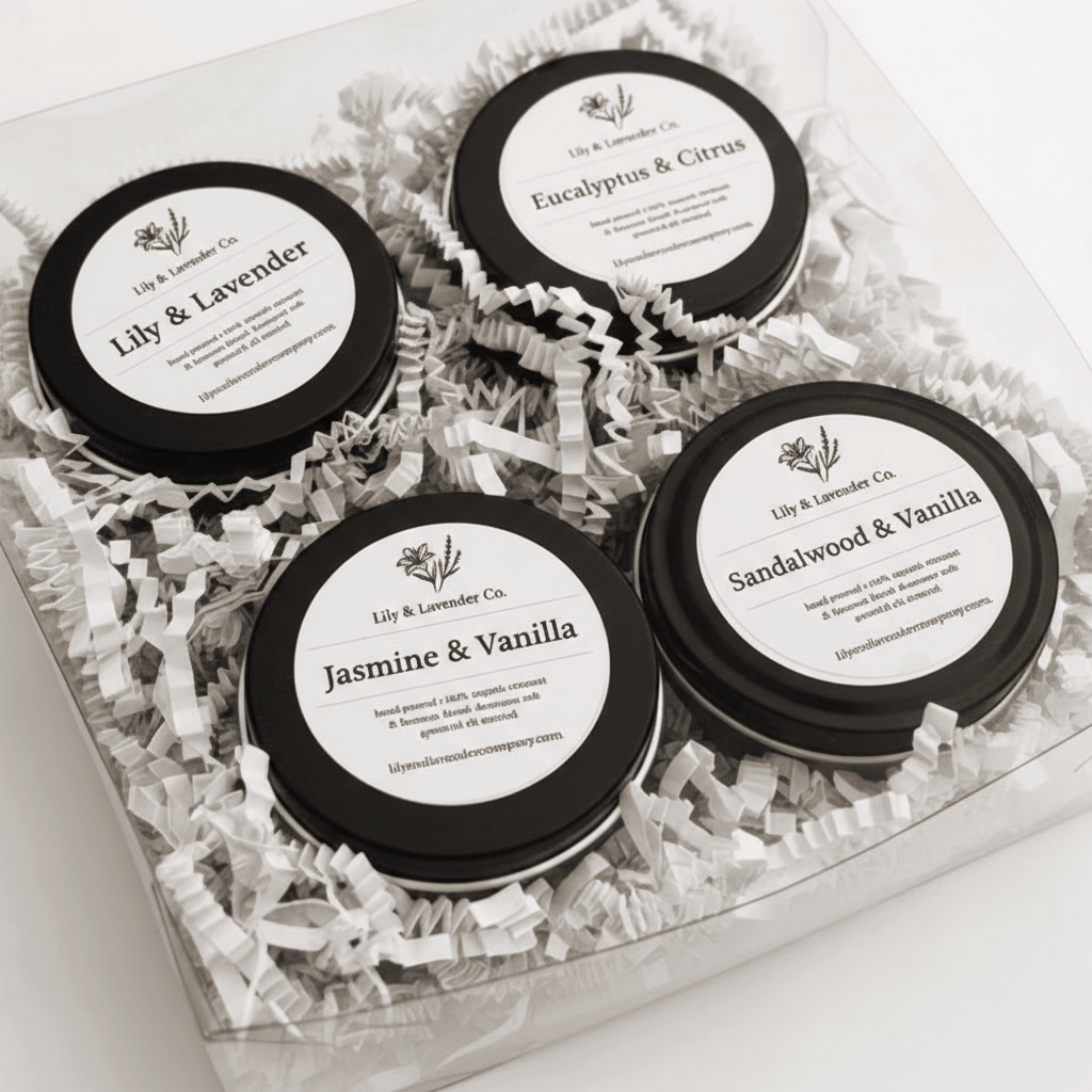 Four tins of Lily & Lavender Co. essential oils scented candles in a decorative box. Made of coconut wax and beeswax.