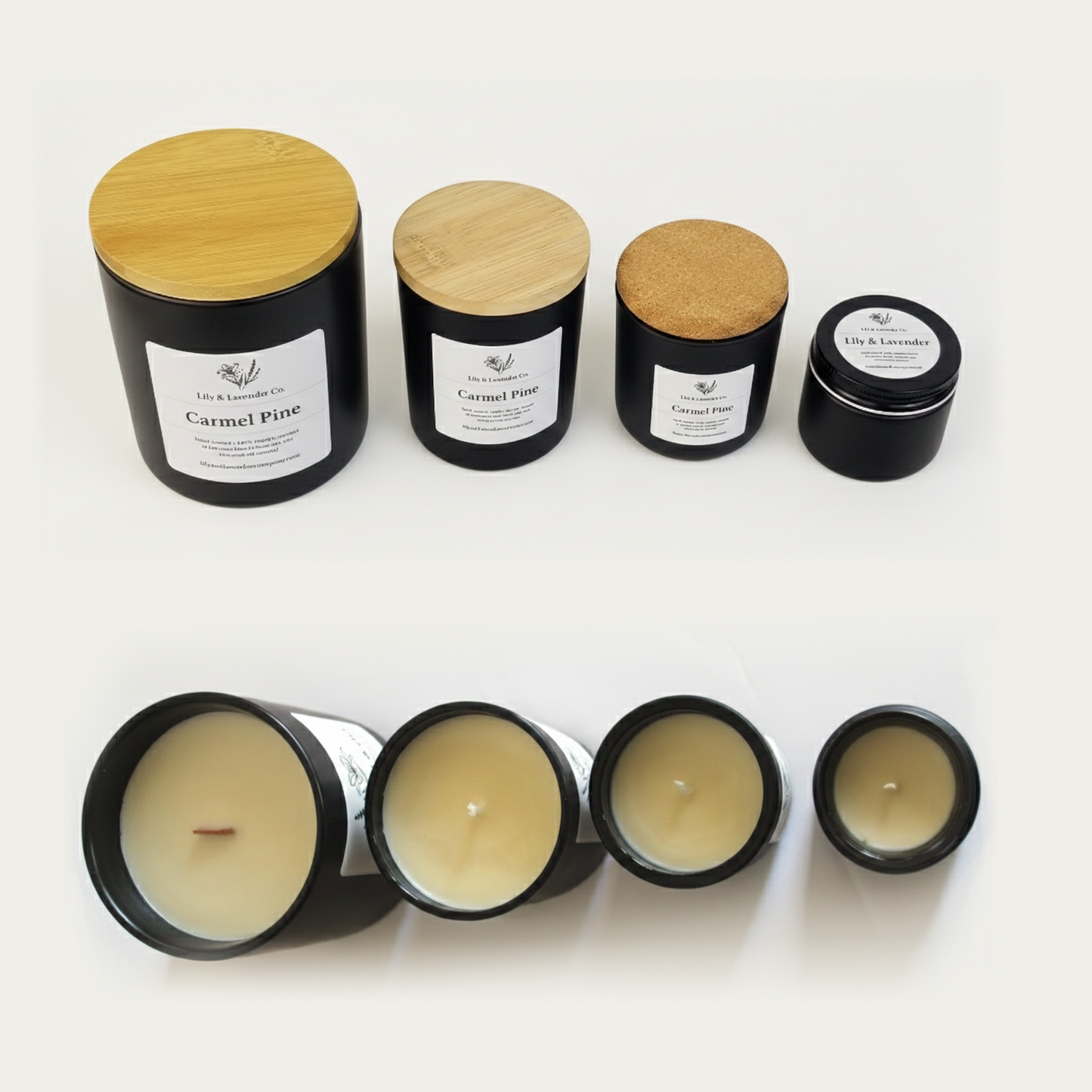 Non-toxic-Coconut wax & beeswax Candle jars of different sizes with labels and dimensions shown with lids on and off. The largest candle uses a natural wood wick and the three smaller sizes use natural cotton wicks.